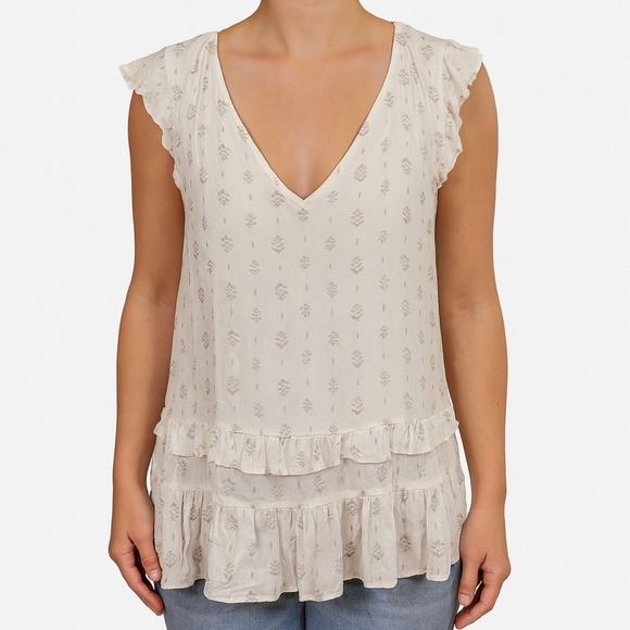 Wallflower Challis Ruffle Tank Top V-Neck Sleeveless Casual White Floral Medium - Picture 1 of 5